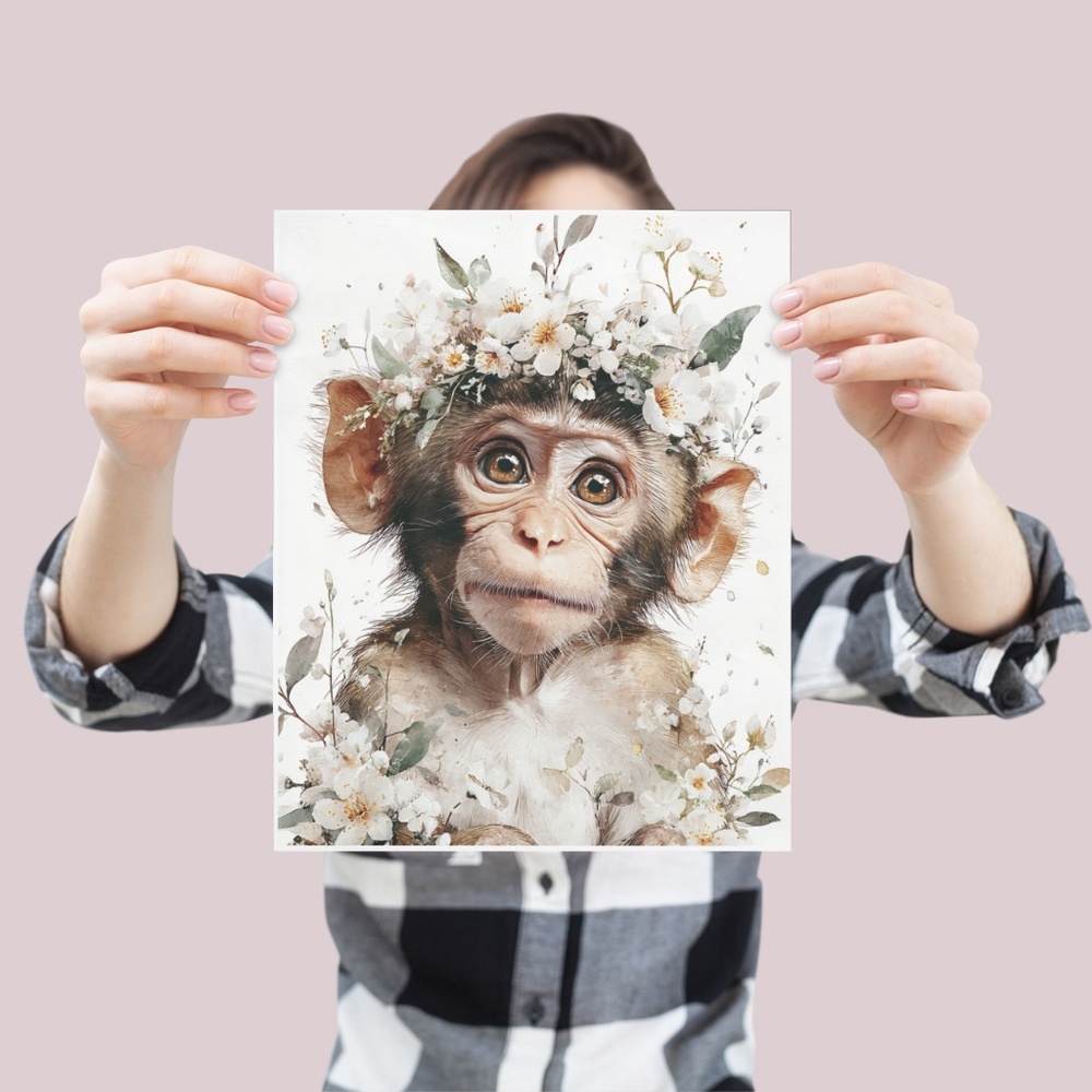 Watercolor Floral Monkey Portrait Wall Art Print Unframed - Playful Jungle Charm - Picture 4 of 6